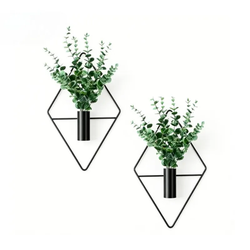 Metal Hanging Vase Indoor Plants Holder With eucalyptus leaves-2 Packs - Black