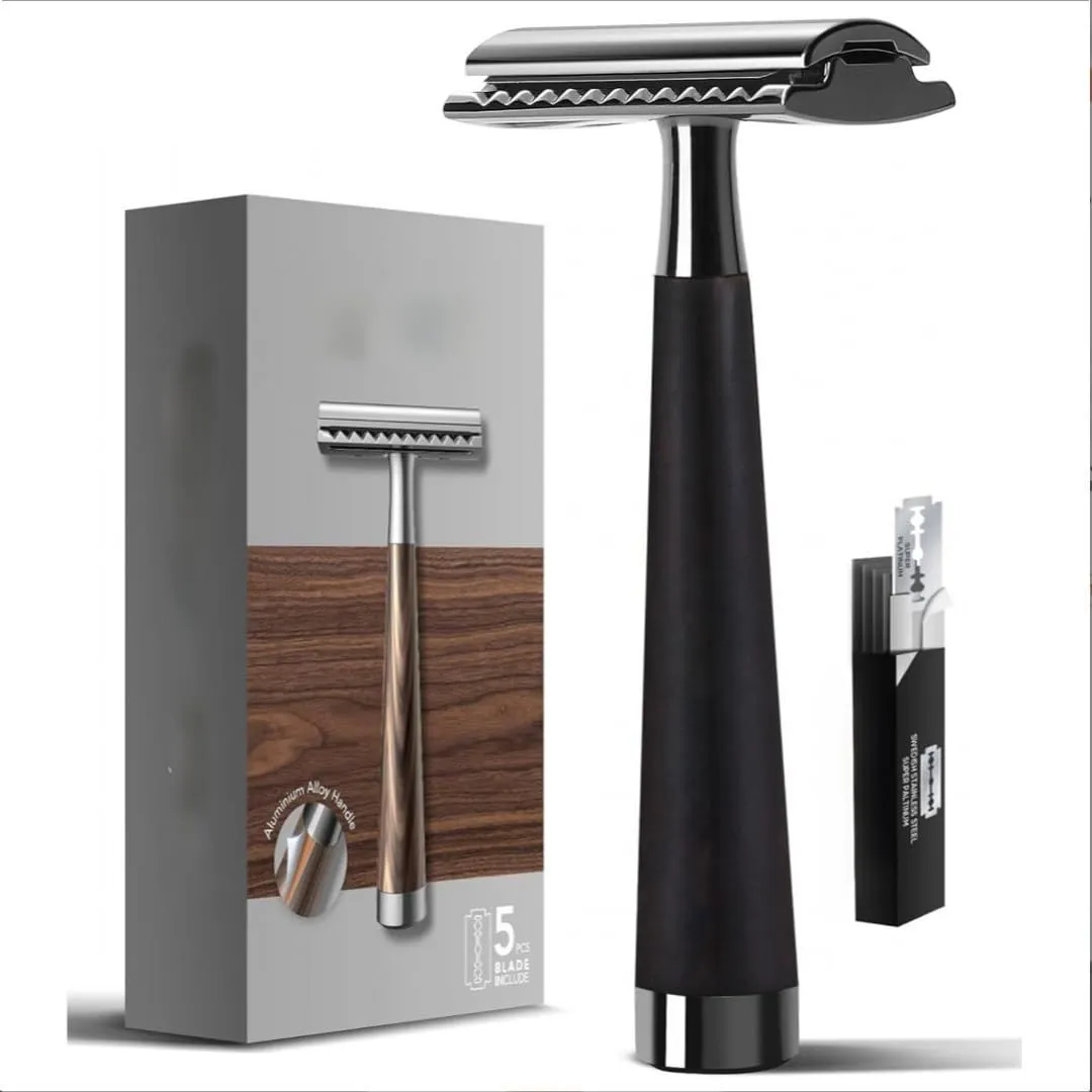 Double Edge Safety Razor with 5 Replacement Blades - Black
