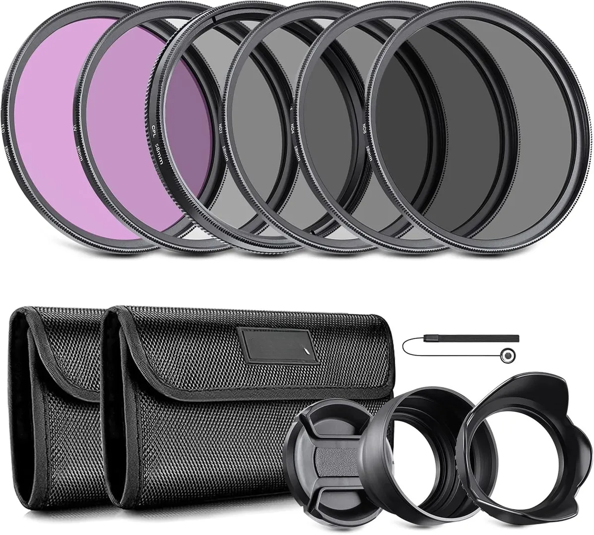 58mm ND Lens Filter Kit: UV, CPL, FLD, ND2, ND4, ND8, Lens Hood & Lens Cap