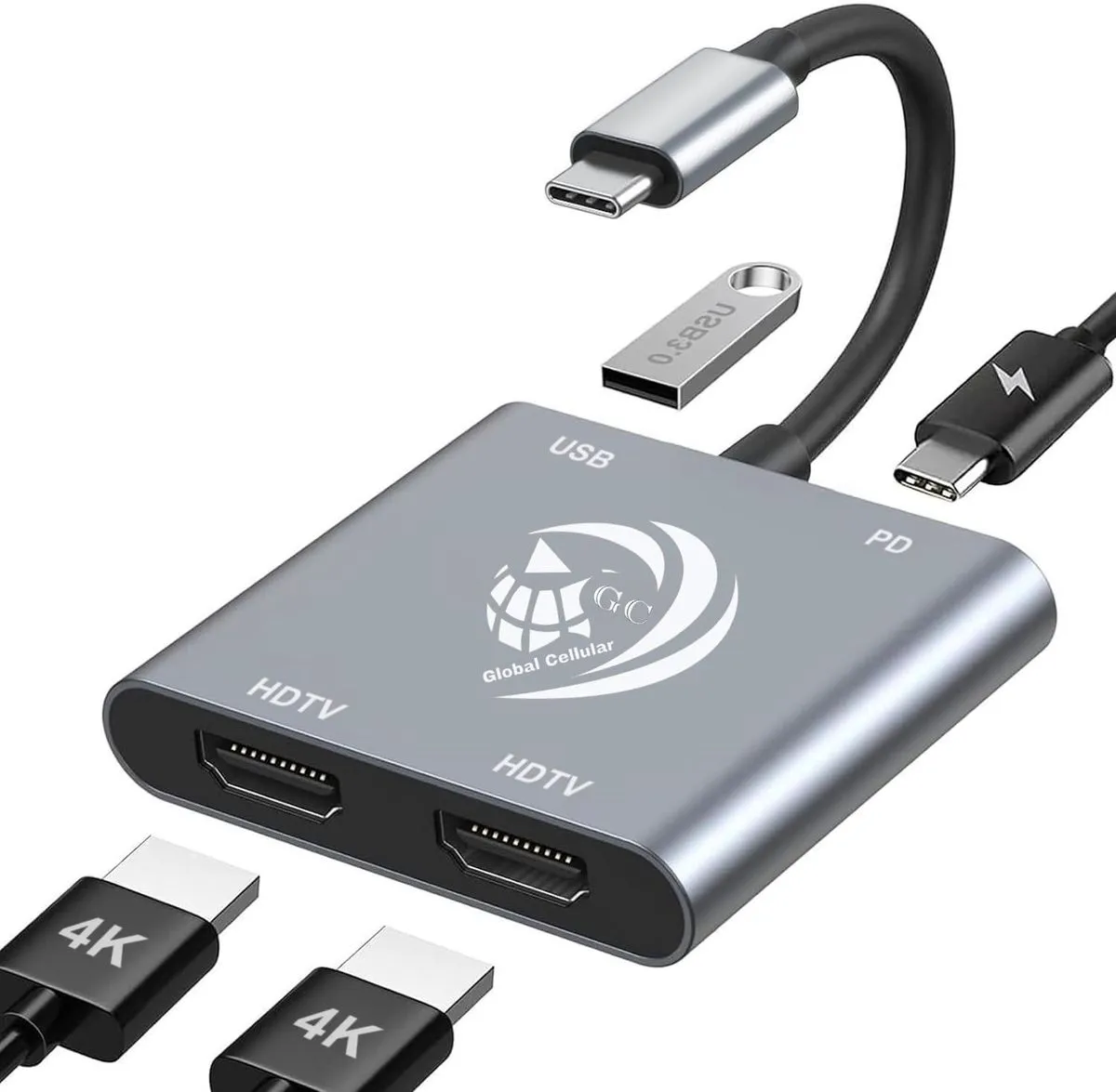 GC USB-C to Dual HDMI Adapter 4K@60Hz-4in1 USB Type-C Hub for Dual Monitors