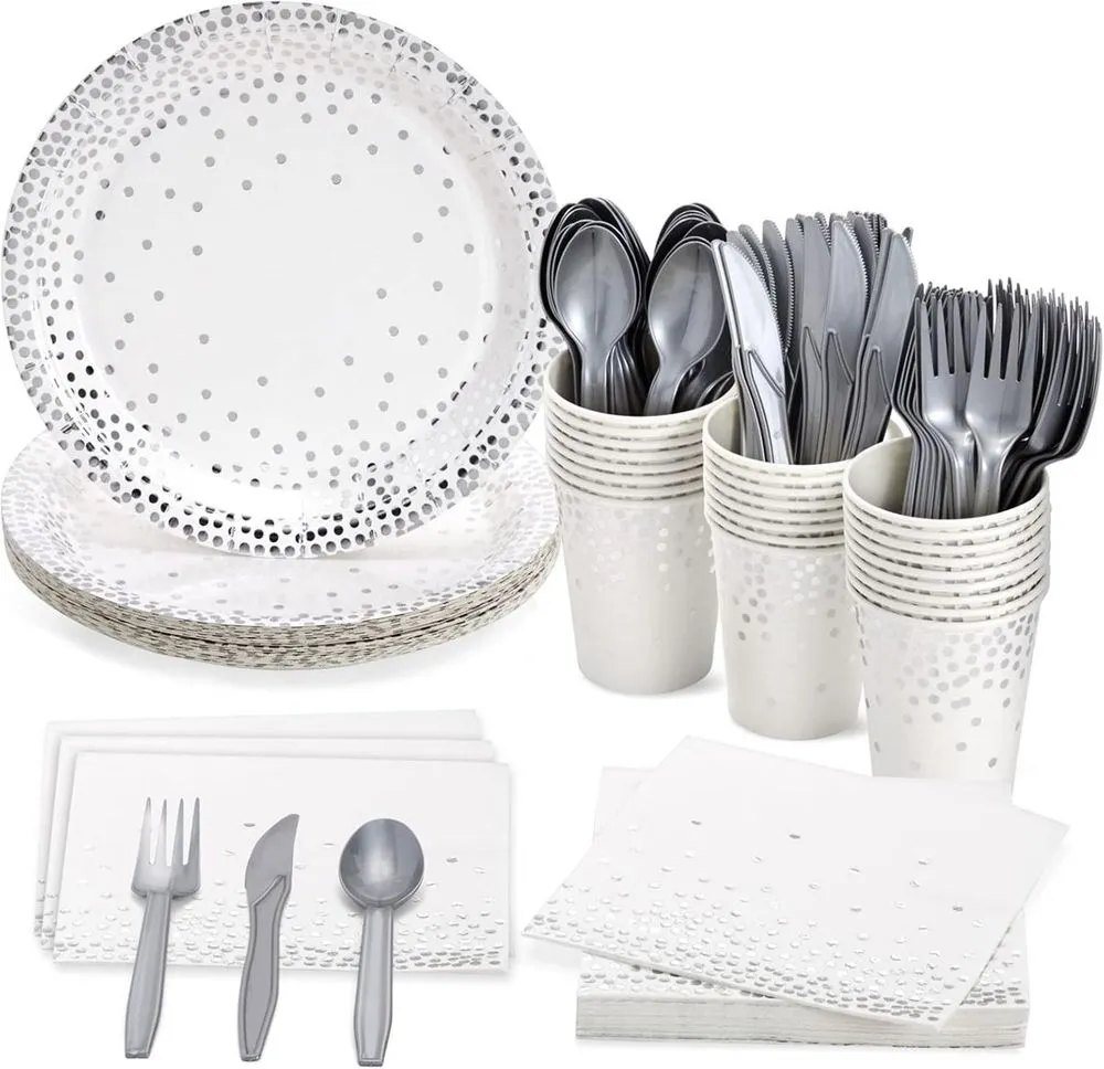 Gold/Silver Paper Party Plates Set for 48/72/96 Guests -  Silver-288PCS(48Guests)