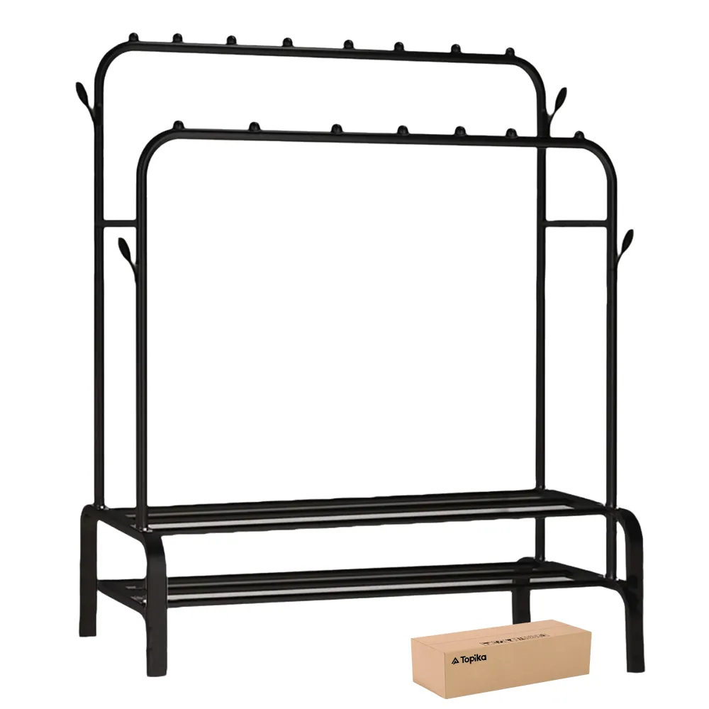 Topika Double Rod Garment Rack with Double Shelves, Metal Clothing Storage - Black
