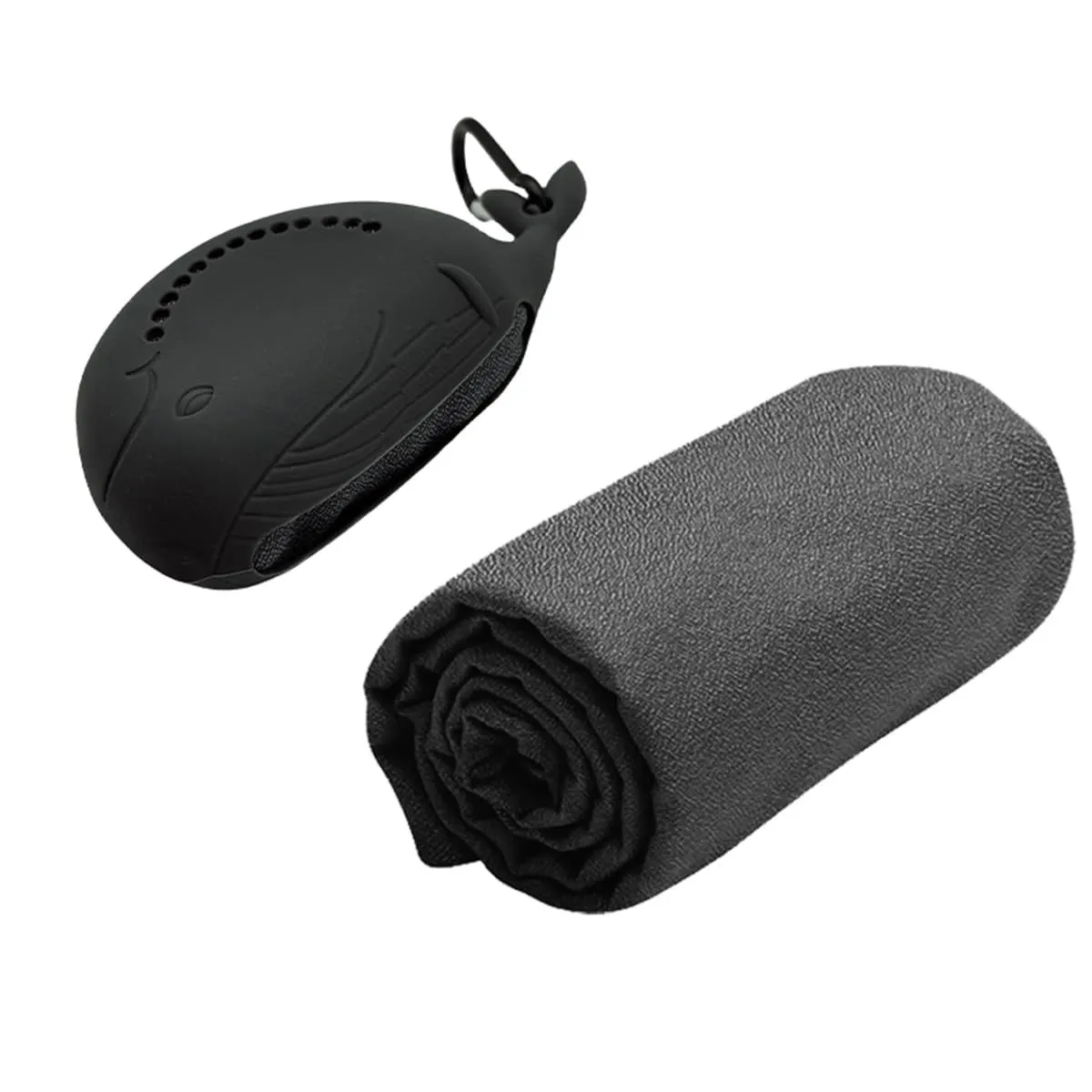 Quick Dry Towel with Whale Silicone Sleeve for Gym, Camping and Yoga - Black