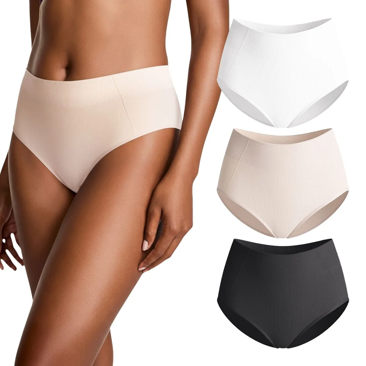 Lekkon Women Underwear High-Waist Brief Lady Panties Seamless Ribbed 3 Pack