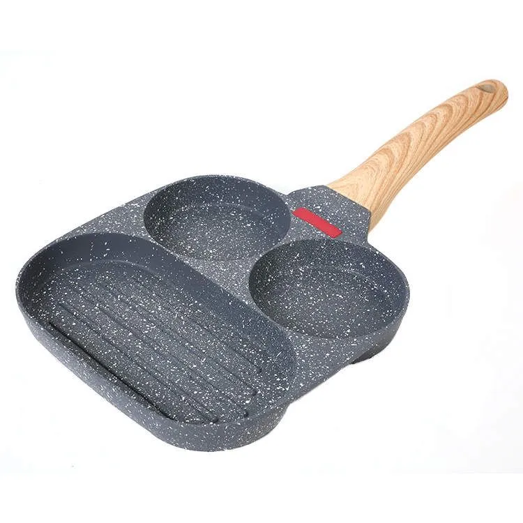 Nonstick Egg Fry Pan 3 Section Frying Square Grill Pan Breakfast Pans - Black