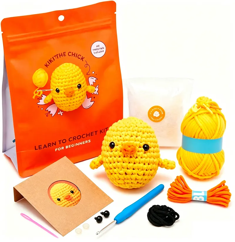 Beginner Crochet Kit, Kiki Chick Easy Animals Kit with Pre-Begun Yarn Piece