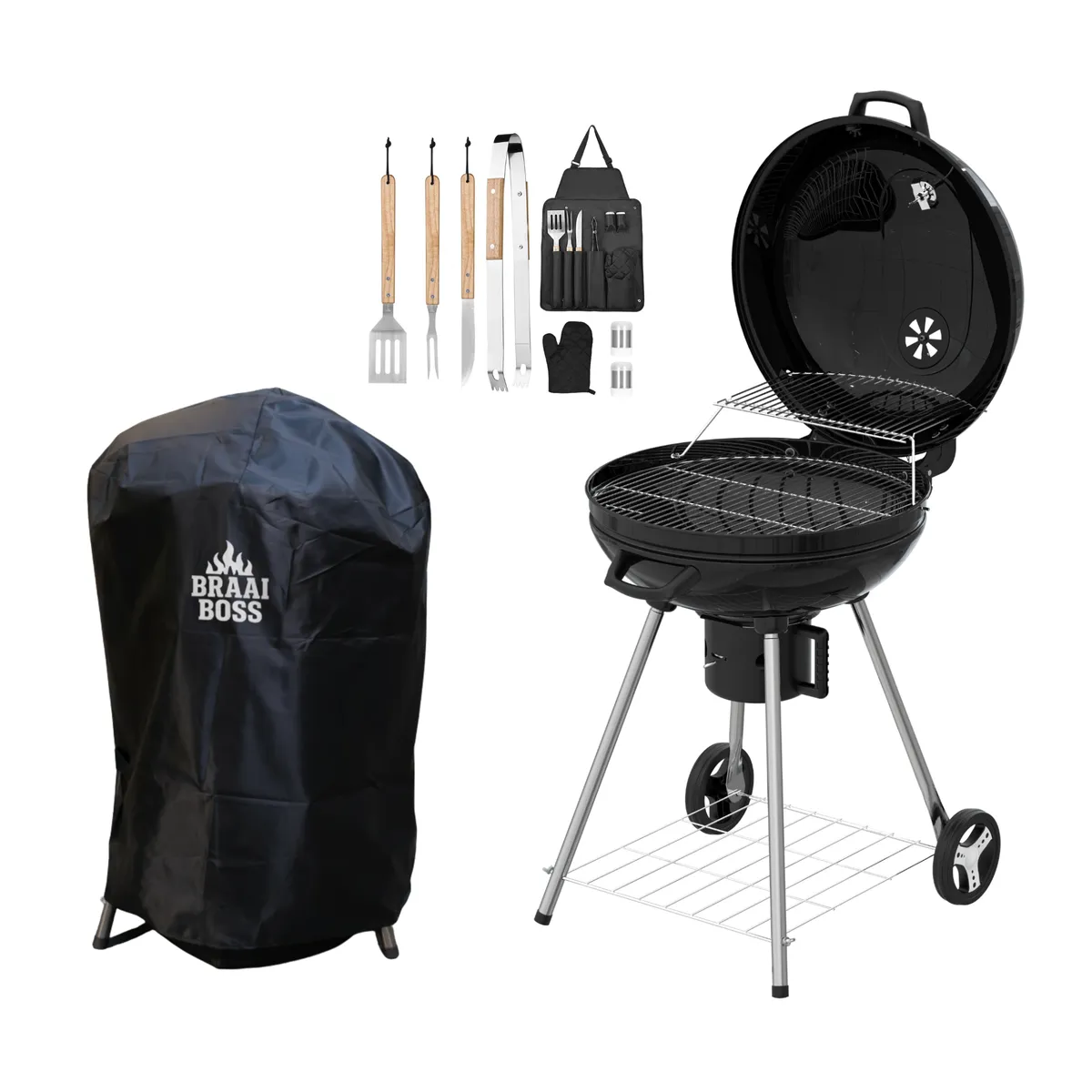 BraaiBoss 57cm Charcoal Kettle Braai - Hinged Lid, Cover & Braai Tool Set