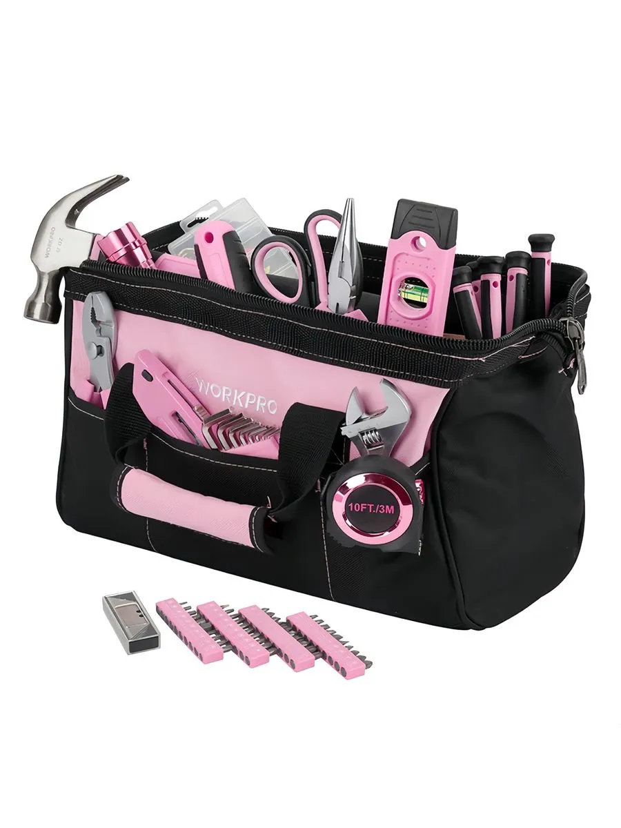 WORKPRO Pink Lady Tool Set Wide Mouth Open Storage Bag