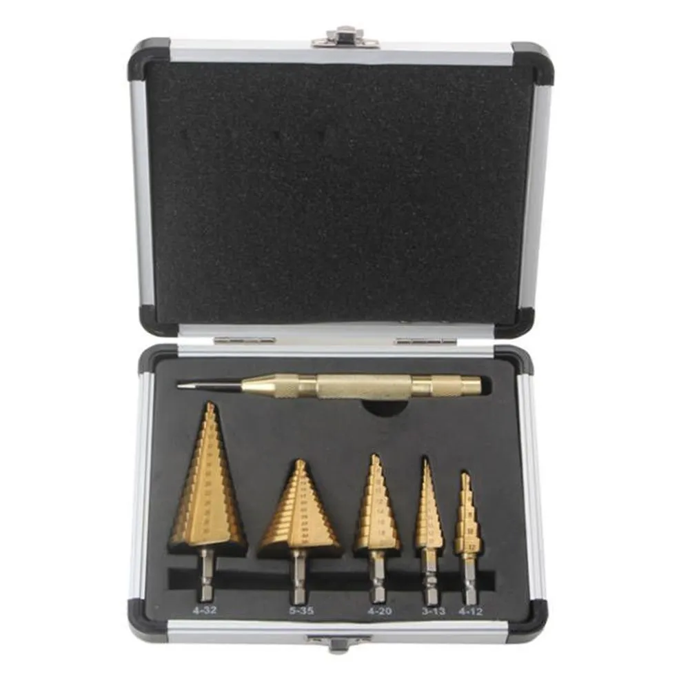 5Pieces Step Drill Bit Set, HSS Bits, Automatic Center Punch