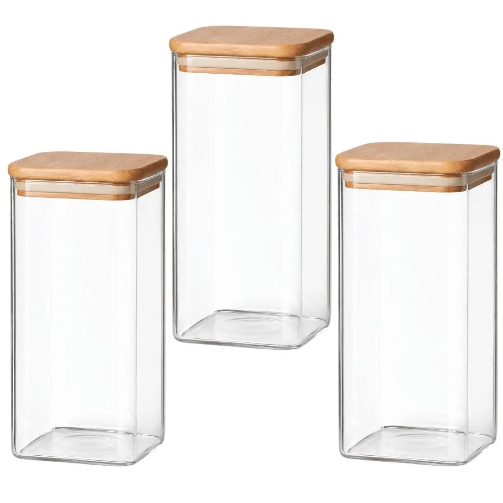 3 Pack - Square Glass Storage Container With Bamboo Lids - Transparent
