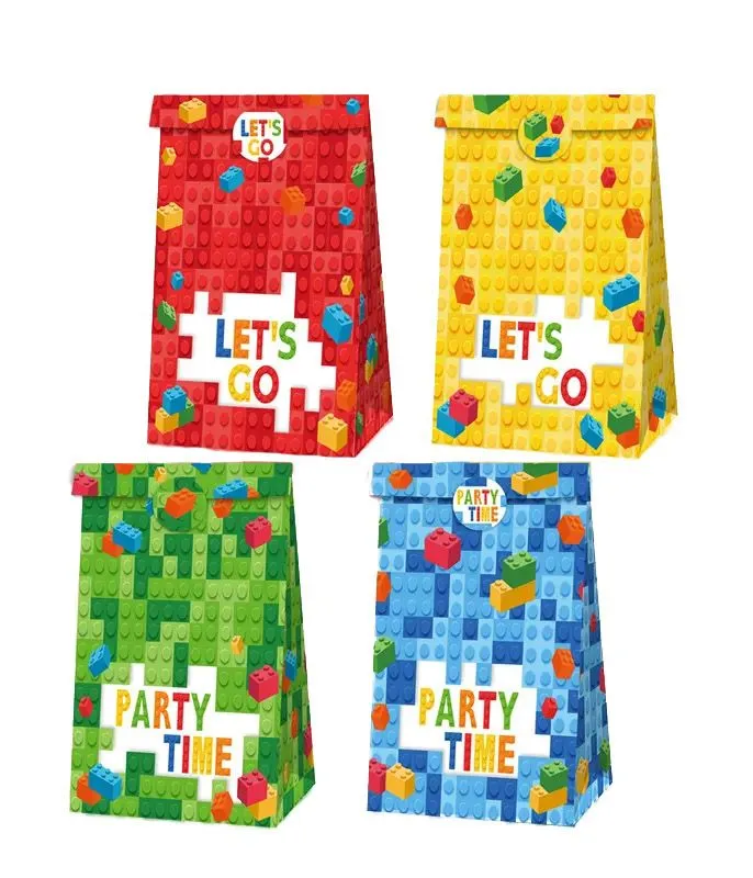 Party Favor Bags with Stickers - Lego Theme - 12 Bags