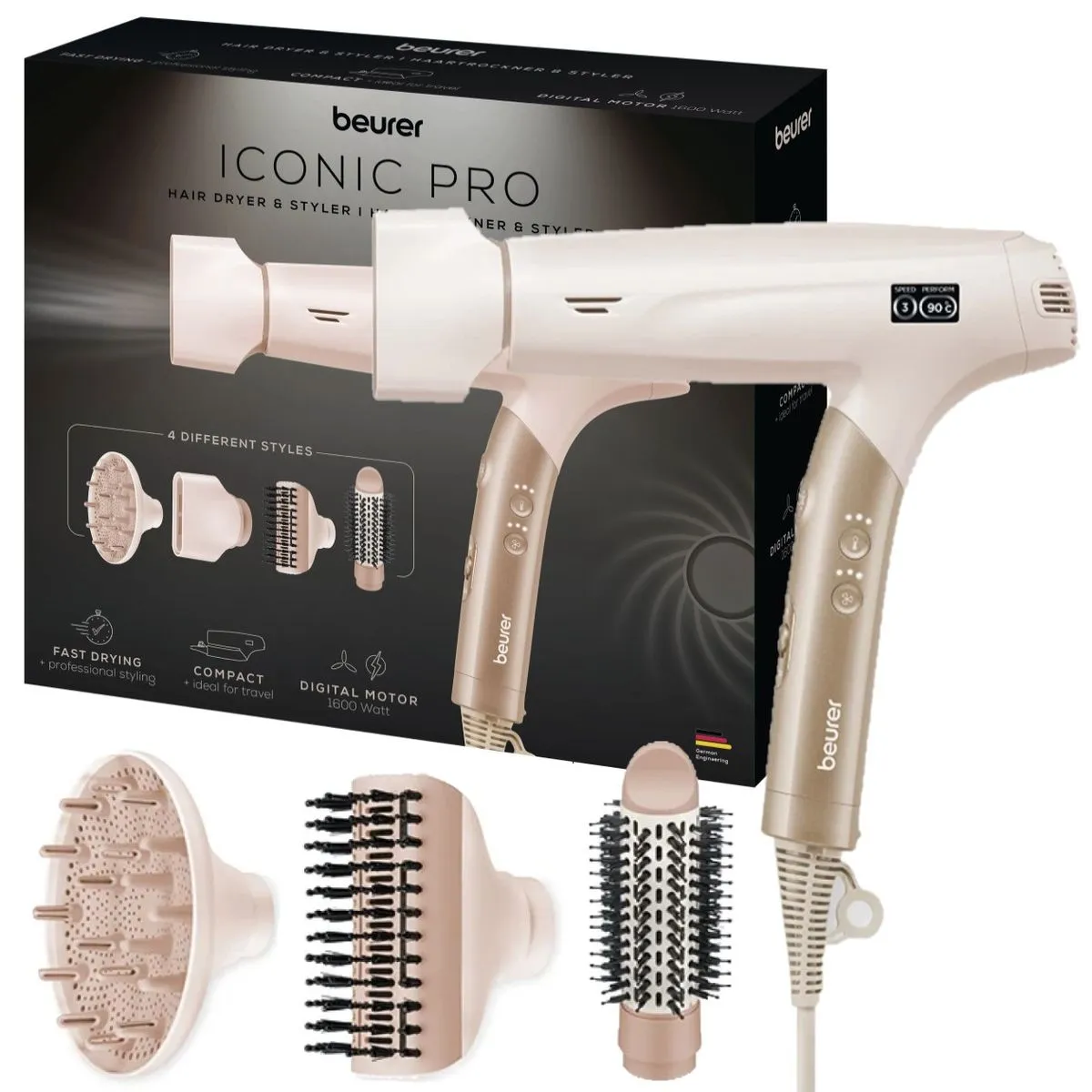 Beurer Hair Dryer & Styler: 4 Attachments, Ionic, Foldable HC 150 1600W