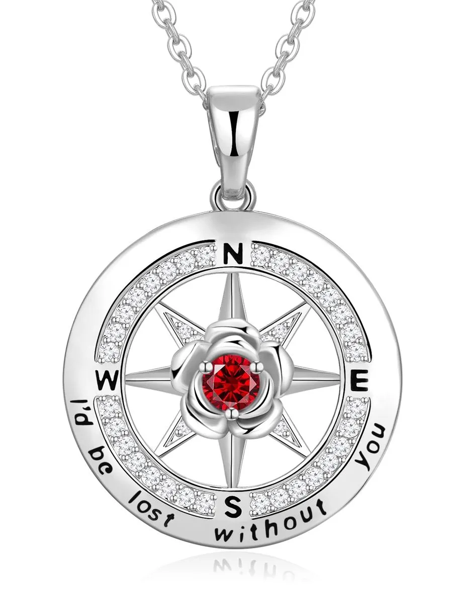 Silver Compass Rose Flower Birthstone Necklace - 01-January-Garnet