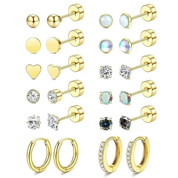 Stainless Flat Back Earrings for Women, Stud Hoop Cartilage Jewellery Set - Gold