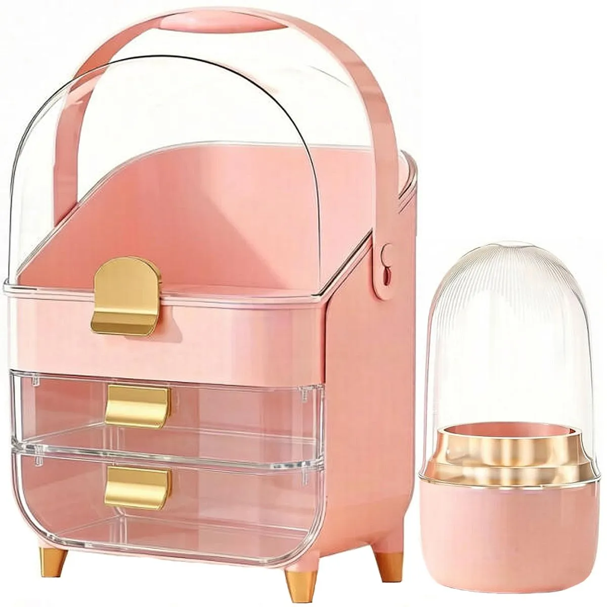 Makeup Case, Storage and Organiser with Brush Holder for Vanity - Pink