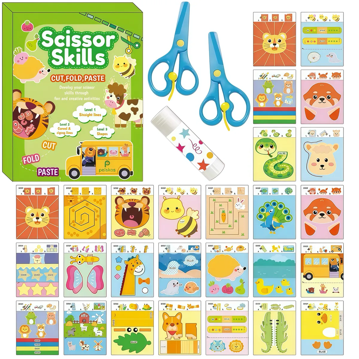PEISKOS Scissor Skills Cut And Paste Activity Colorful Crafts Set For Kids - Green