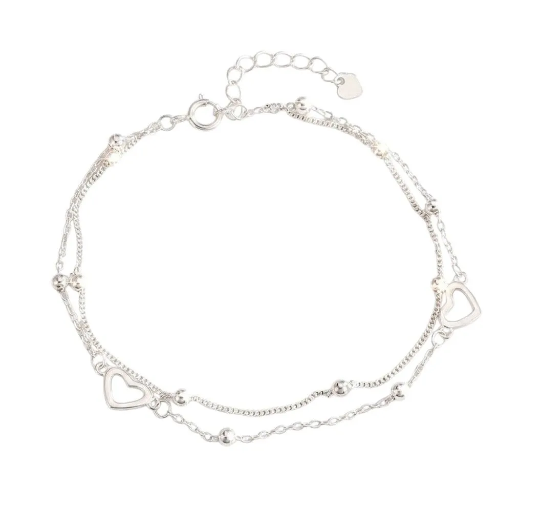 Elegant S925 Sterling Silver Double-Layer Heart Charm Bracelet