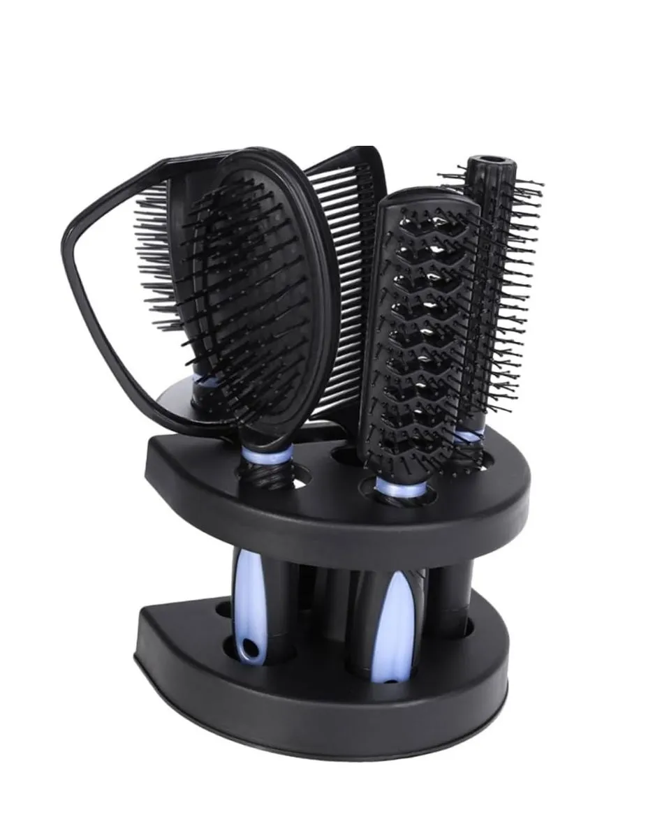 5 piece Premium Anti-Static Durable Hair Brush Set Holder Stand included - Blue Black