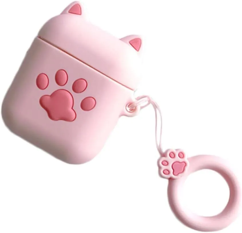 Cat Paw Shockproof Silicone Case for Earbuds with Ring Lanyard