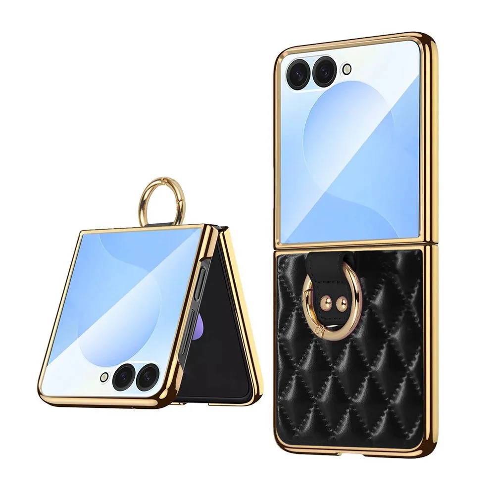Phone Case Compatible With Samsung Z Flip 7 Leather Ring Protect Case - Black