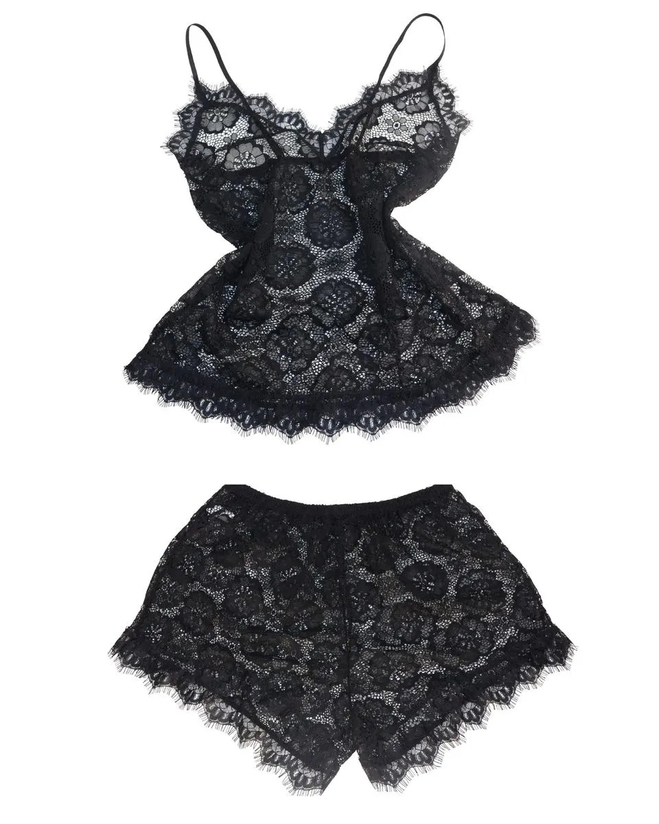 Full Lace Pajama Set Women Black Sexy Lingerie V-Neck Cami Shorts Sleepwear