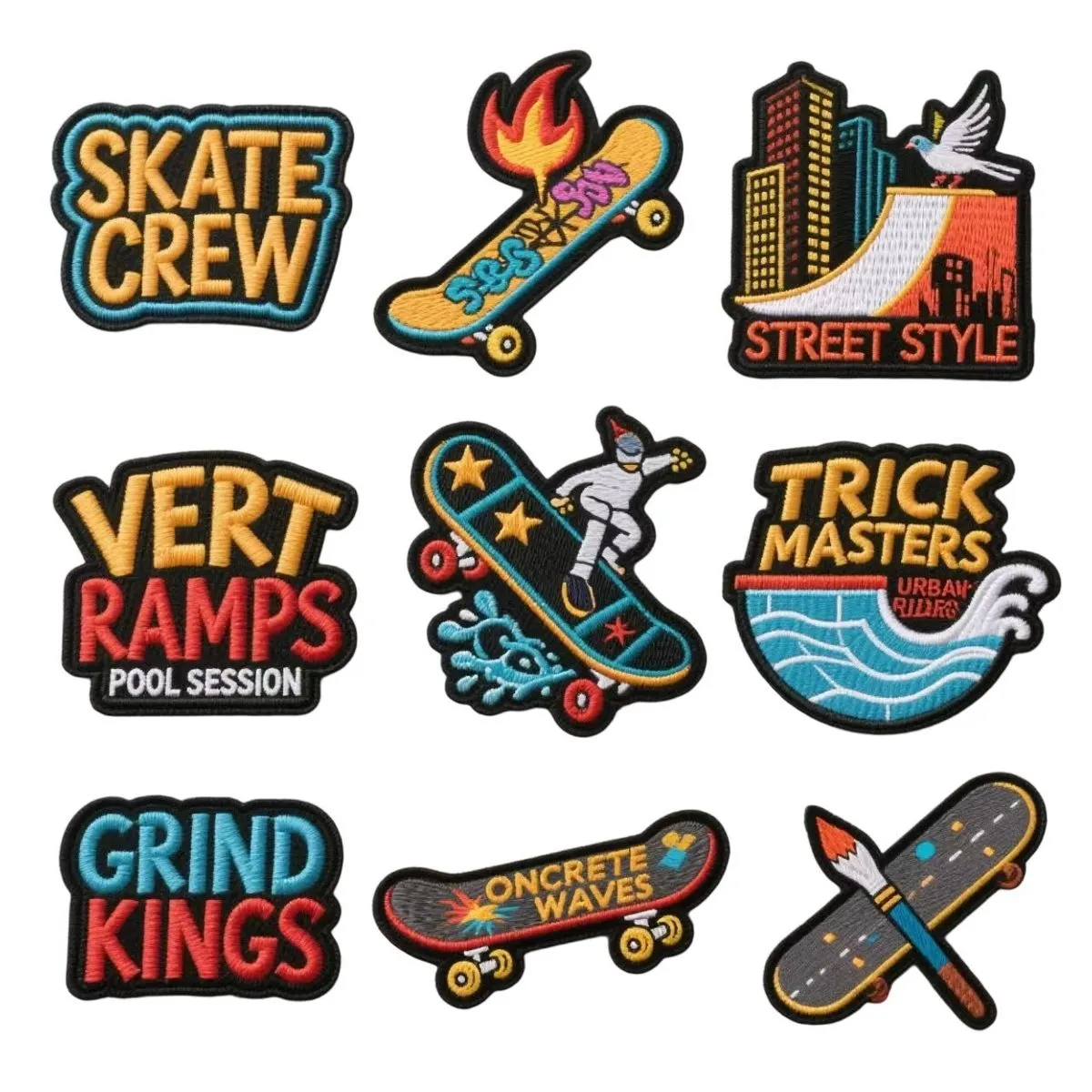 9-Pack Skateboard Themed Embroidered Patches-Iron-On Street Style Applique