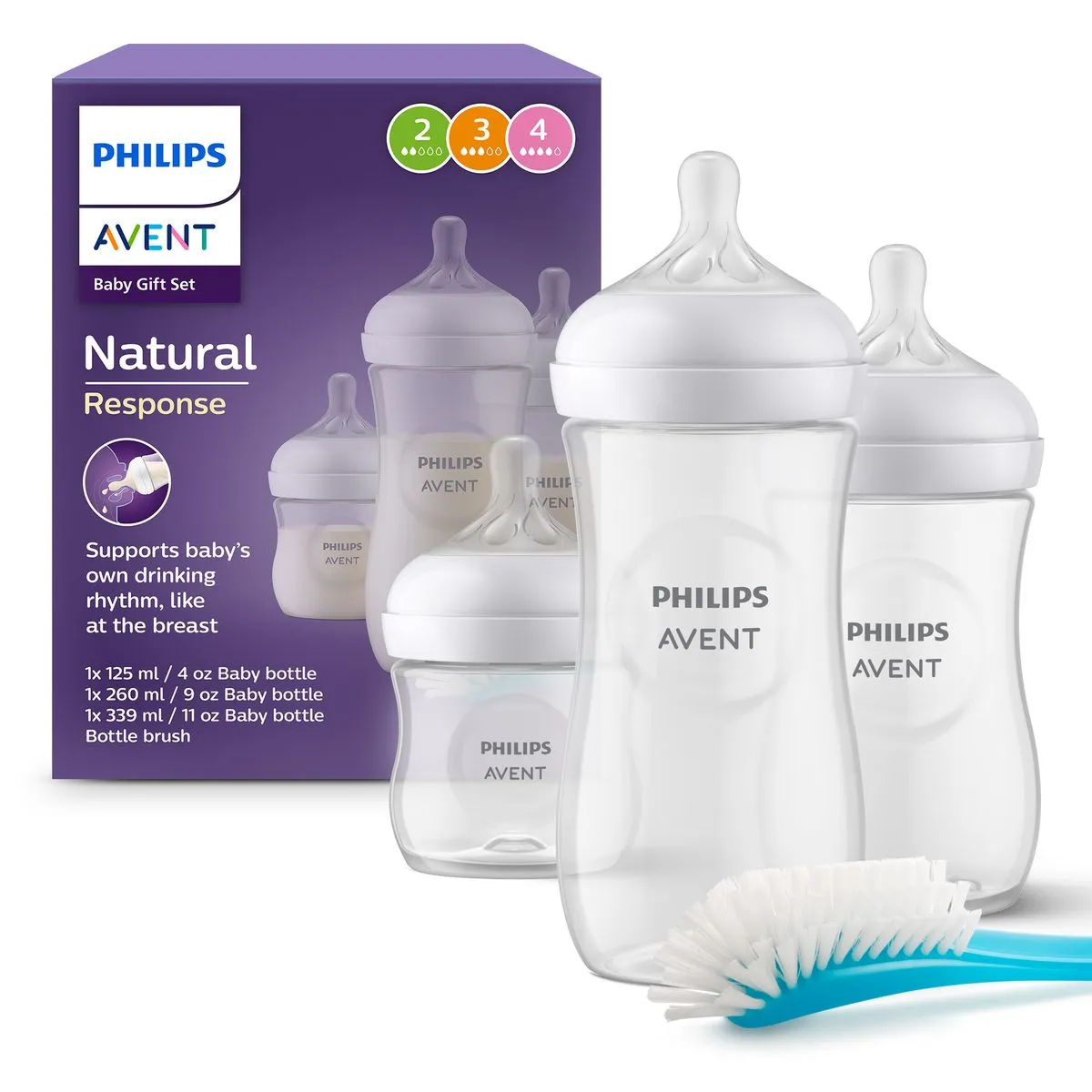 Philips Avent Newborn Gift Set Natural Response, 3 Baby Bottles & 1 Brush