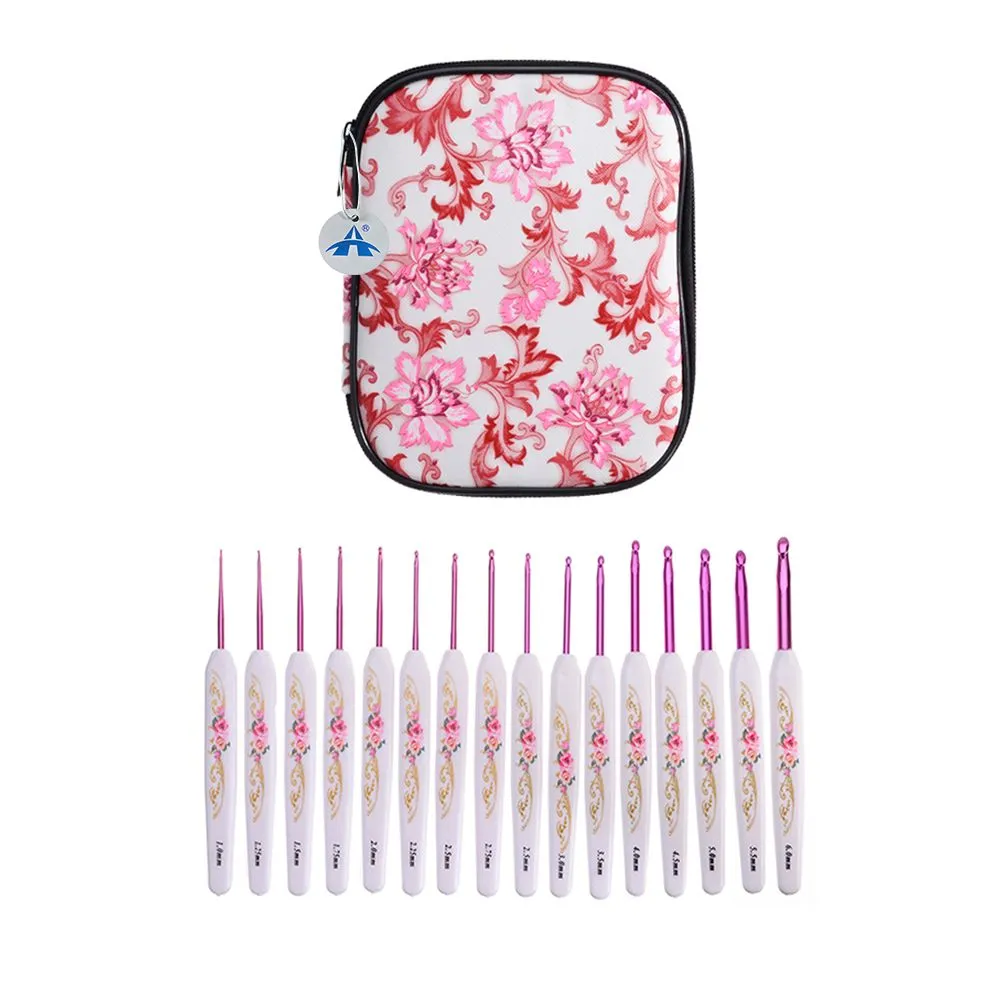 ALANES 16PCS Portable Knitting Needles Set with Pink Porcelain Printed Bag