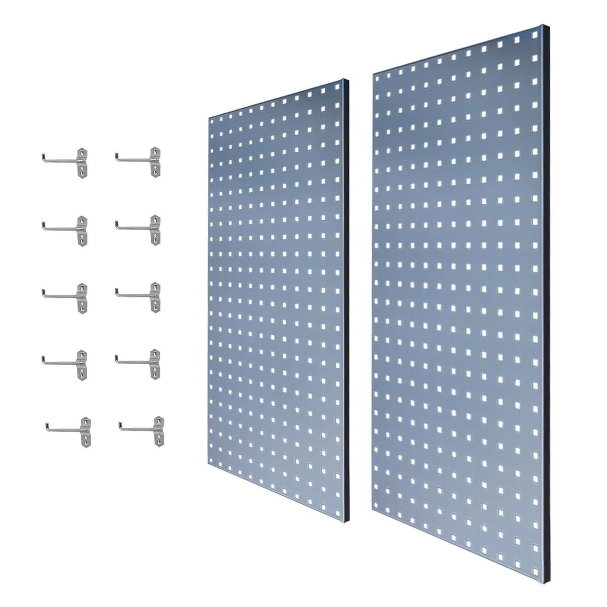 New Elements 2 x Wall Mounted Garage Steel Pegboard Panels & 10 Hooks Set - Grey
