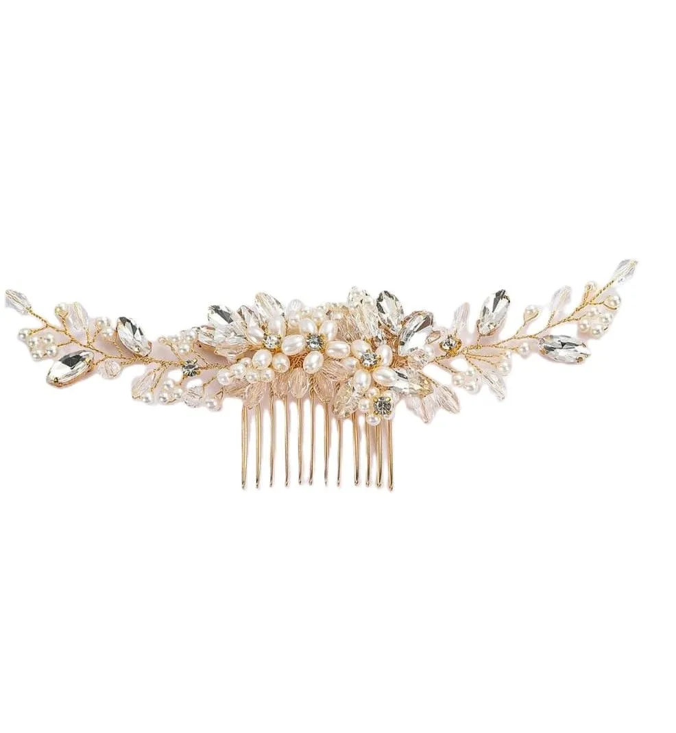 Crystal Pearl Leaf Rhinestone Hair Comb, Brides and Women (Rose Gold Pink)