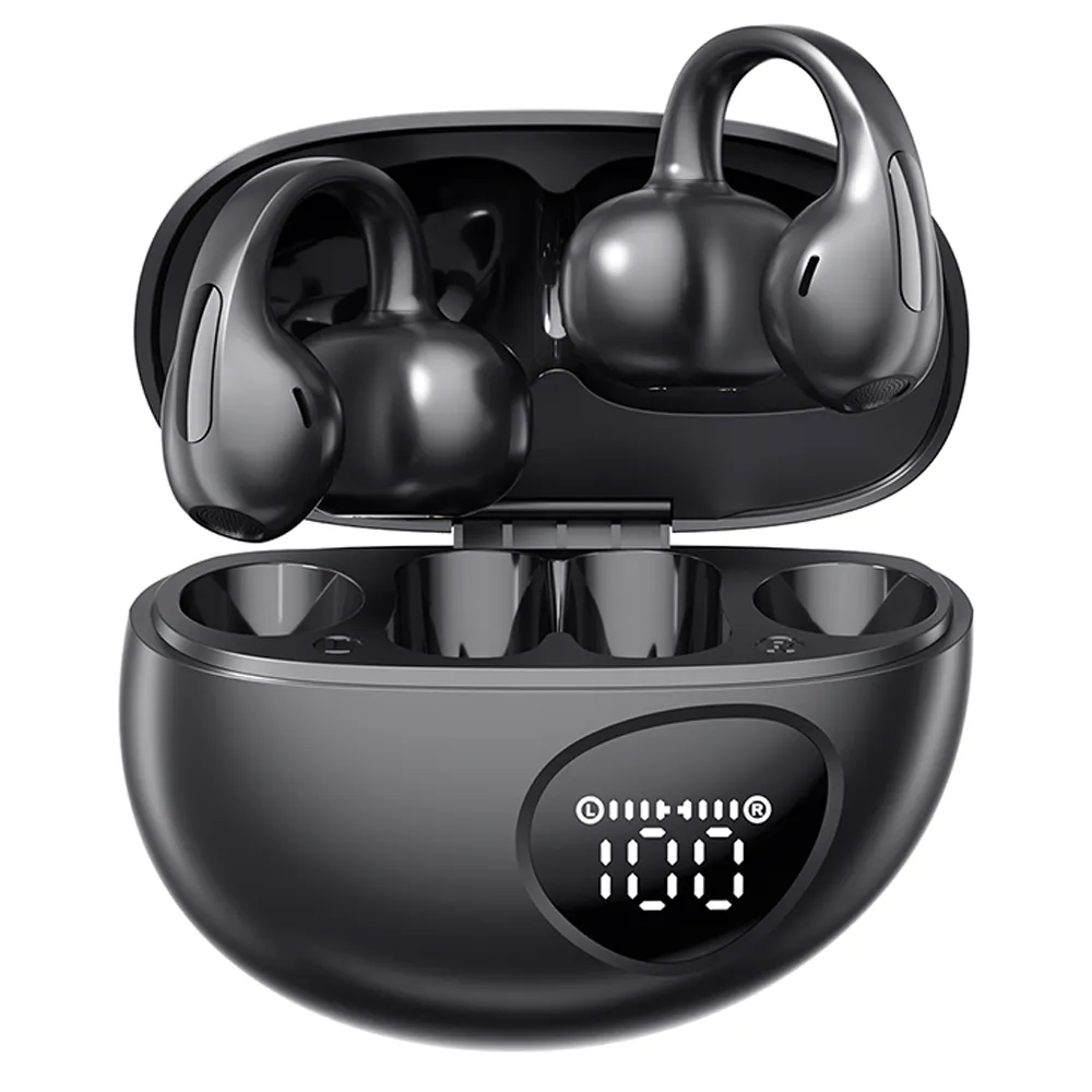 Black Open Ear Bluetooth Clip Earphones, Sweatproof Wireless Sports Headset