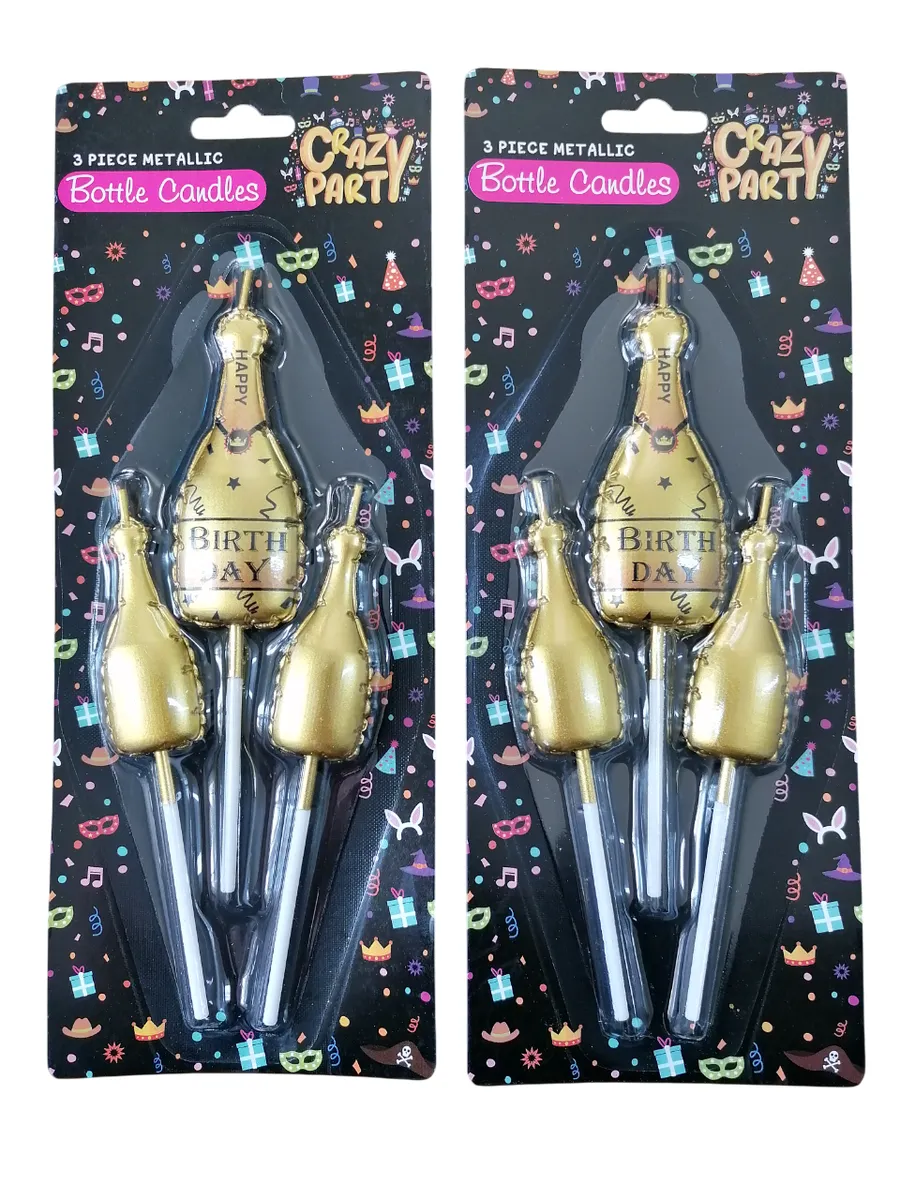 Crazy Party 3 Piece Metallic Bottle Birthday Candle Sets - Pack of 2