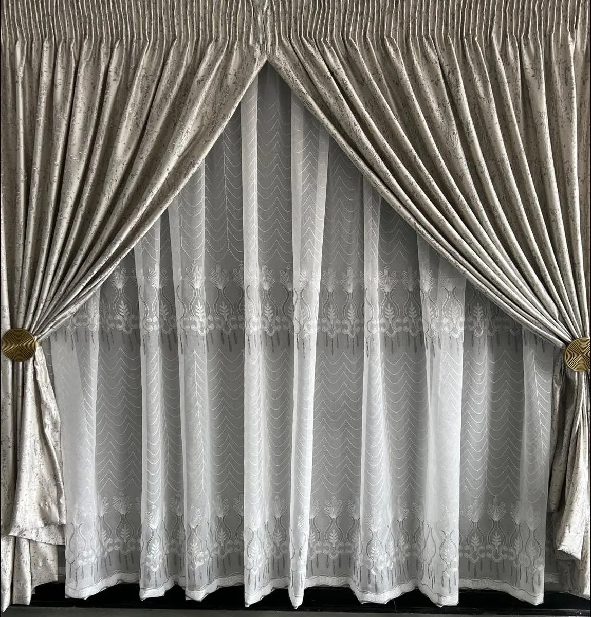 Silver & Grey Showers Taped Curtain & Lace