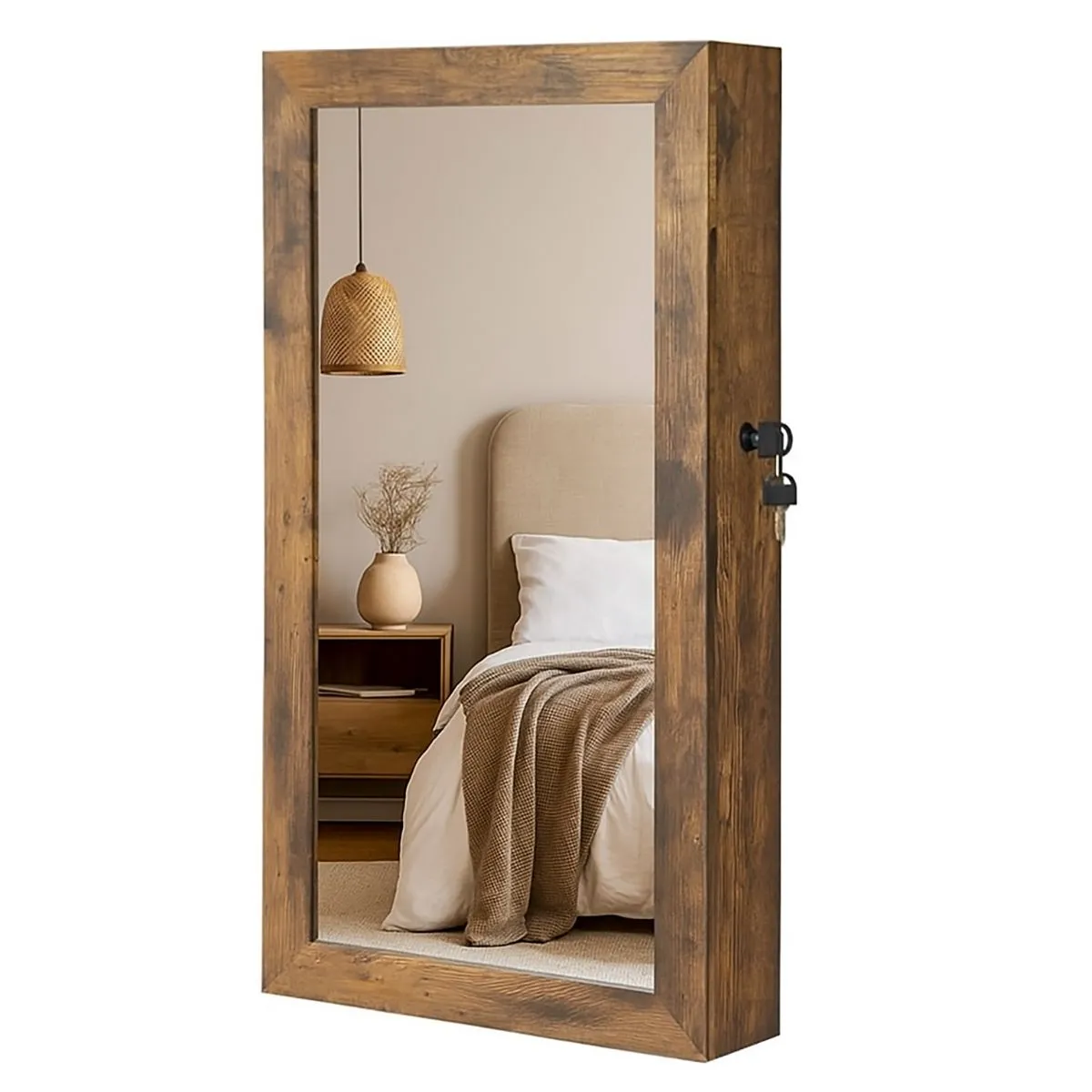 LAZAVA Rustic Lockable Jewellery Cabinet with Mirror and Wall Hooks