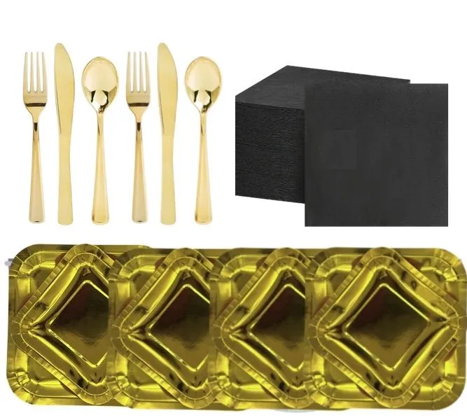 Elegant Disposable Party Packs for 20 Guests - Gold or Silver - Gold, Black