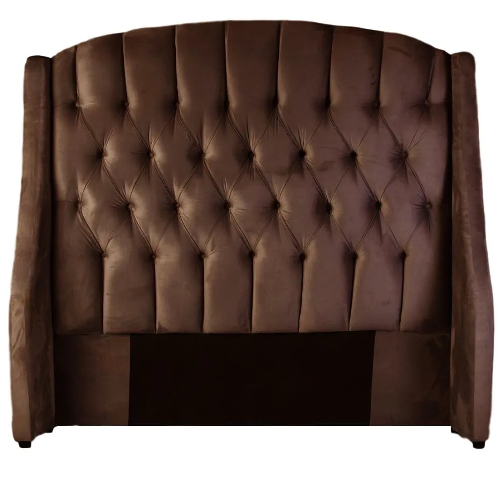 Rounded Arch Deep Button Velvet Headboard w/ Wings - Brown - Velvet - Queen