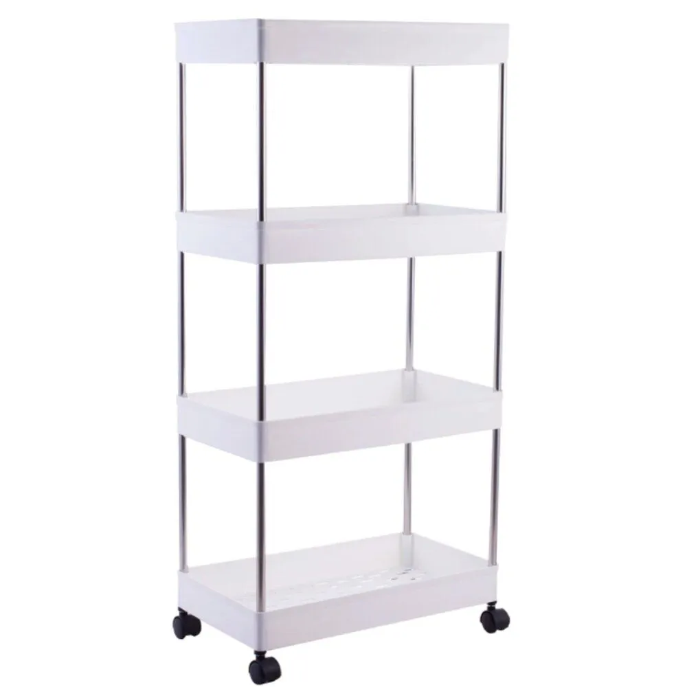 4-Tier Storage Layer Rack Shelf With Wheels For Kitchen & Bathroom - White