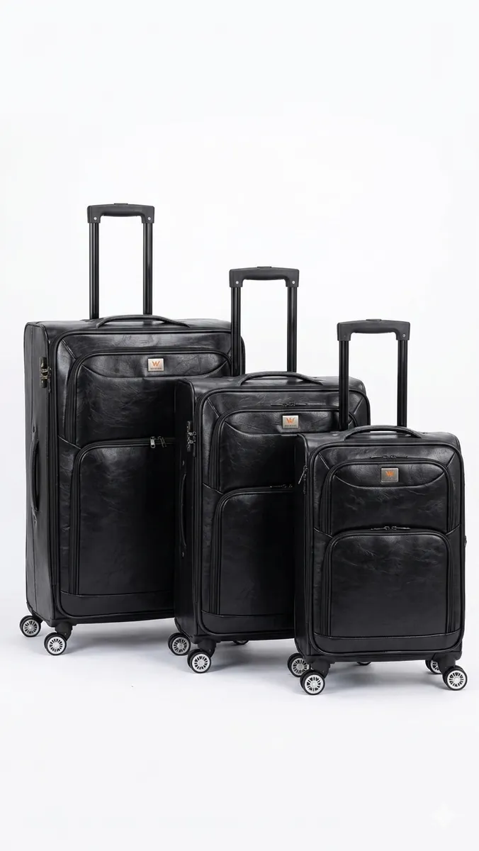Vintage Style PU Leather Travel Trolley Suitcase Set - Black