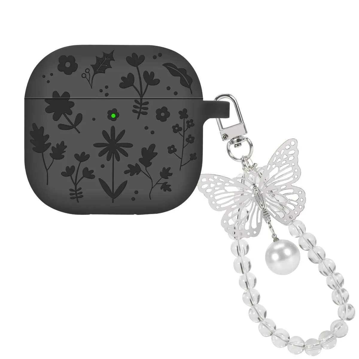 Silicone Case with Flower Keyring Compatible with Airpods 4th Generation - Black, Transparent
