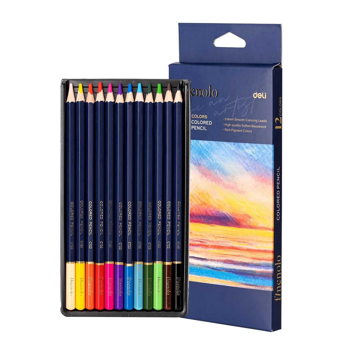 Deli Finenolo 12 Color Colored Pencils Set 3.8mm Smooth Core Hexagonal Grip