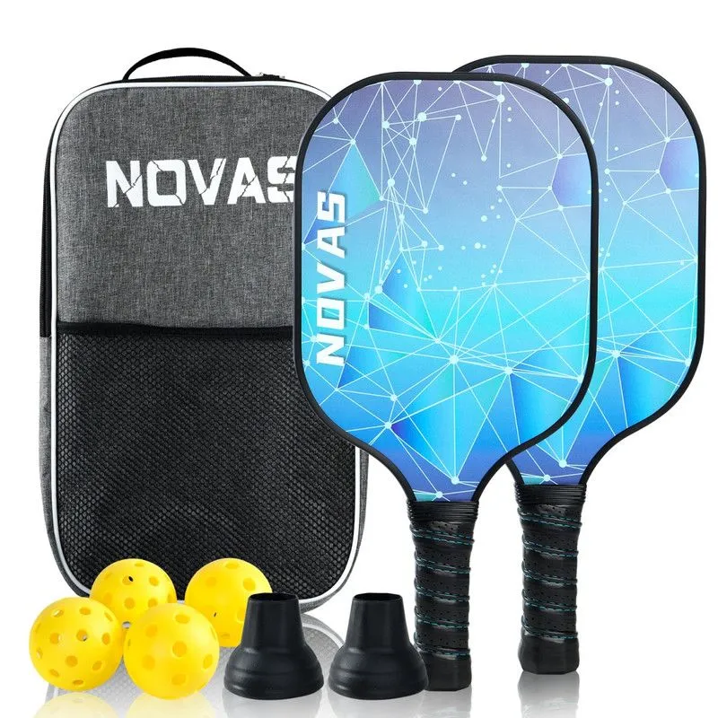Pickleball Paddle Set of 2, Fiberglass Paddles with 4 Balls - Blue