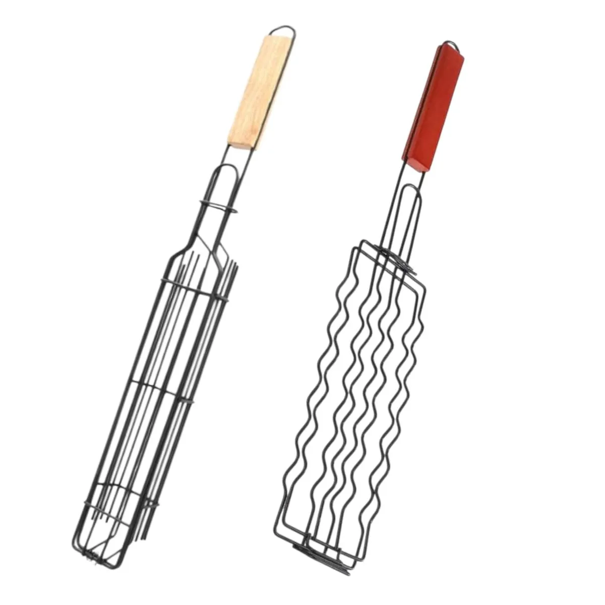 Set of 2 -Stainless Steel Sausage & Meat Braai Grid with Wooden Handles