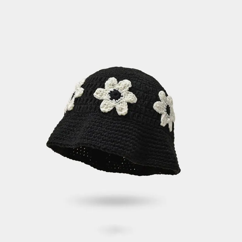 Handmade Crochet Bucket Hat - UV Protective With Daisies - Red/Black/Cream - Black