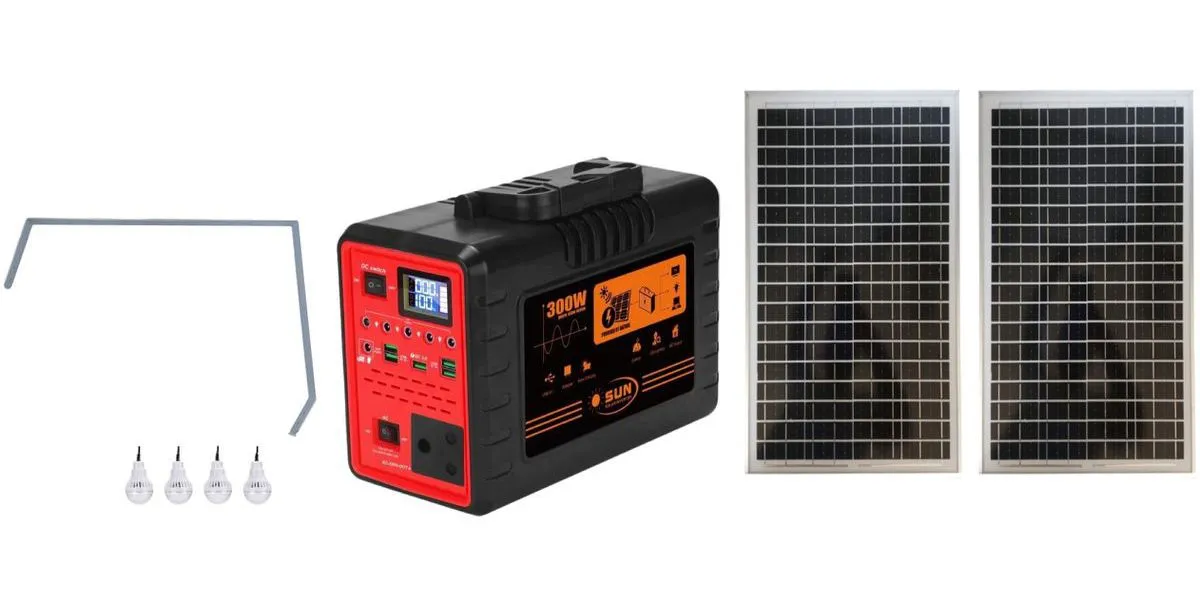 SUN 300W 220V Solar Inverter With 12V Light Bulbs & 2 Solar Panels, Stand