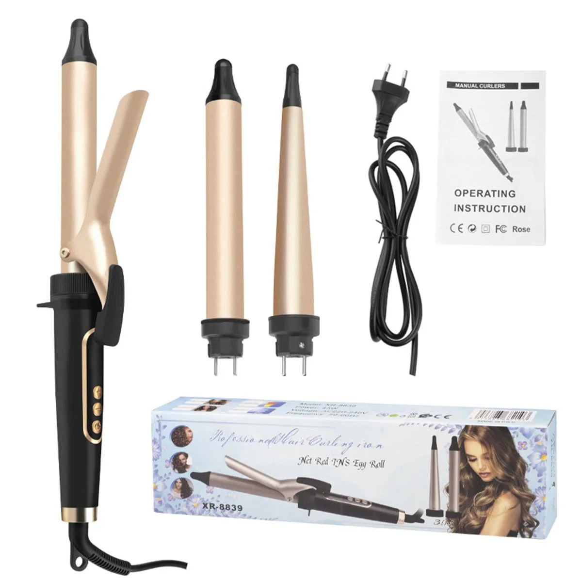 Removable 3-in-1 Hair Curler Set With Interchangeable Head Hair Iron