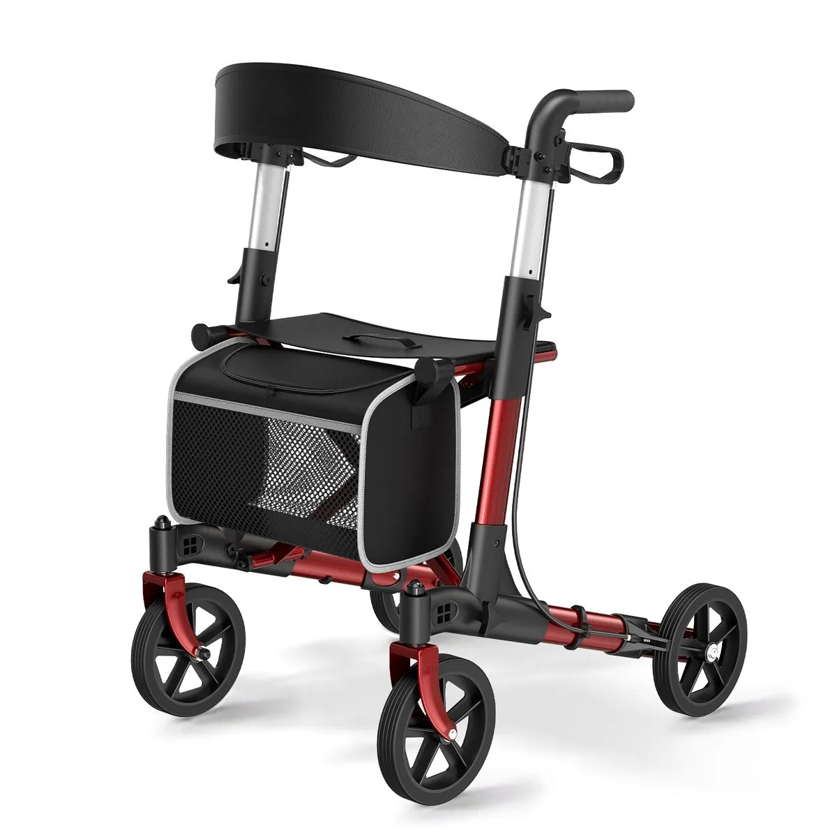 Adjustable Foldable 4-Wheel Rollator Walker - Red/Black Mobility Aid