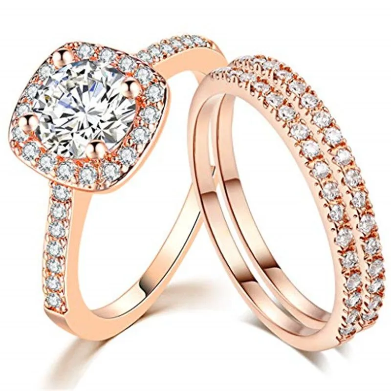Women Princess Engagement Wedding Ring Set Women's Rose Gold Rings