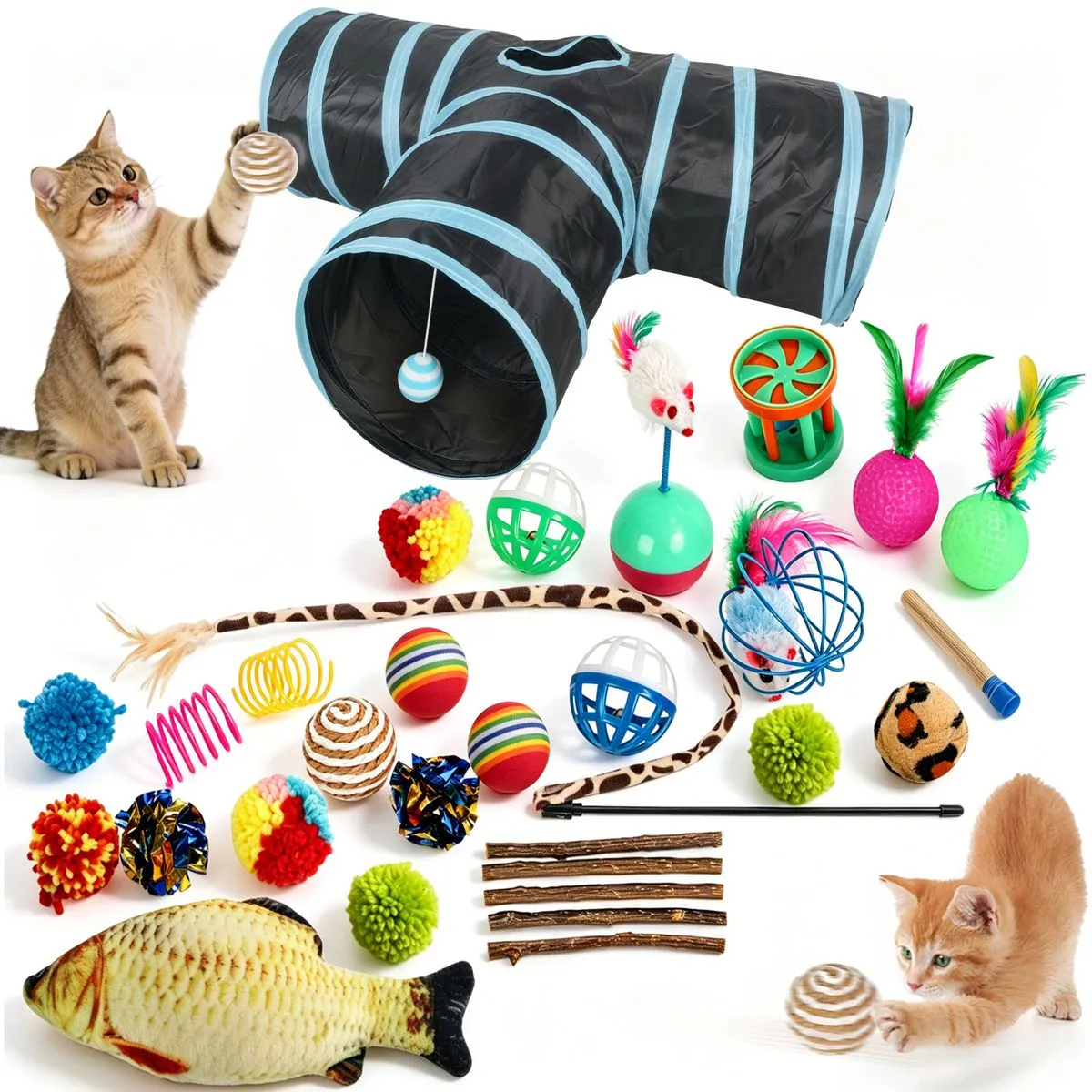 Cat Toy Set with Tunnel Feather Teaser Catnip Fish Colorful Balls and Bells