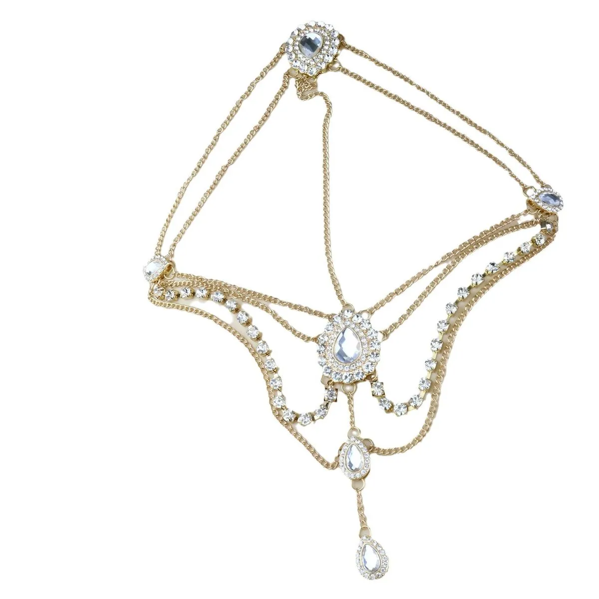 Rhinestone Head Chain Silver Waterdrop Chain Crystal Layered Headpiece