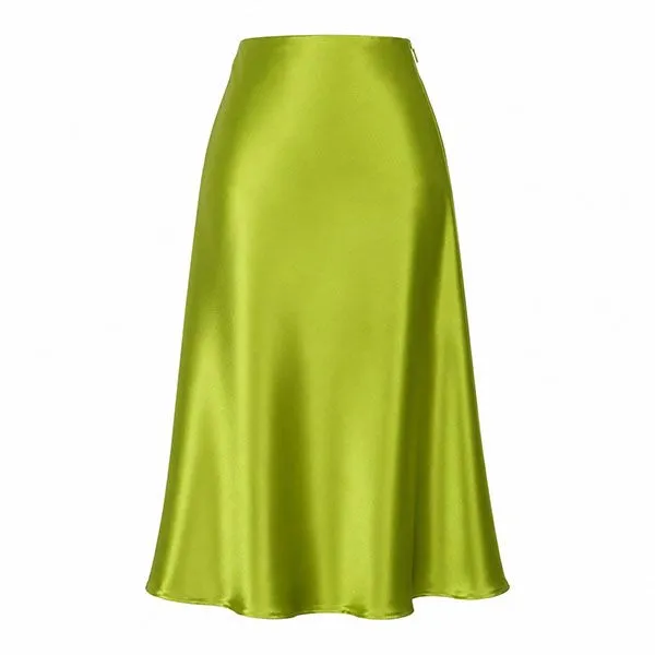 Secret Shield Women's Satin High-Waisted Olive Green Flared Midi Skirt